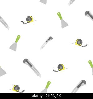 Pattern of tape measure, construction spatula and construction knife. Easy color design. On a white background. Tools for any specialist. Flat vector Stock Vector