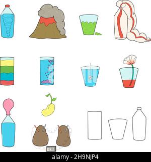 Hand drawn color vector illustrations of educational science projects for kids including volcano, slime, crystal, plants, and elephant toothpaste Stock Vector