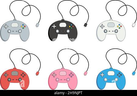 Hand drawn color vector illustration of video game controllers in gray, black, white, red, pink, and blue Stock Vector