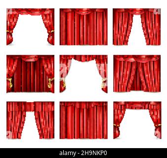 Different models of red theatre curtain icons set realistic isolated vector illustration Stock Vector