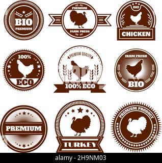 Eco organic farm free range chicken turkey premium quality production emblems icons set abstract isolated vector illustration Stock Vector