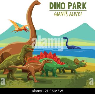 Different flying swimming and land dinosaurs with lake and mountains on background dino park cartoon poster vector illustration Stock Vector