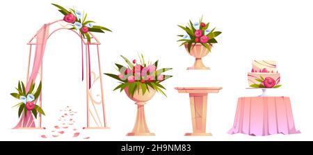 Wedding decoration with floral arch, cake on table and flowers on marble stand. Vector cartoon set of objects for marriage ceremony, wedding gate with roses, bouquets and cream cake Stock Vector