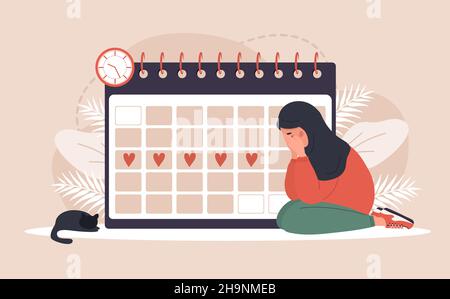 Woman period. Menstruation calendar shedule. Female critical day problems. Sad arab girl in hijab with pms. Vector illustration in flat cartoon style Stock Vector