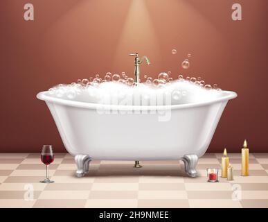 Realistic white bathtub with foam composition romantic atmosphere with a glass of wine and candles vector illustration Stock Vector