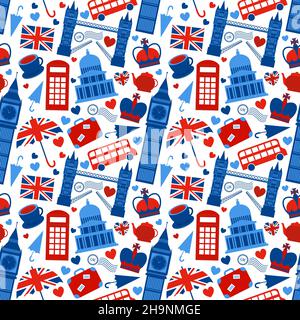 Seamless pattern background with London landmarks and Britain symbols vector illustration Stock Vector