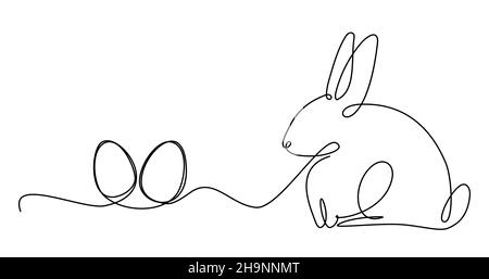 Single curly one line drawing of cute rabbit abstract art