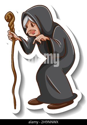 Old witch holding staff cartoon character sticker illustration Stock Vector