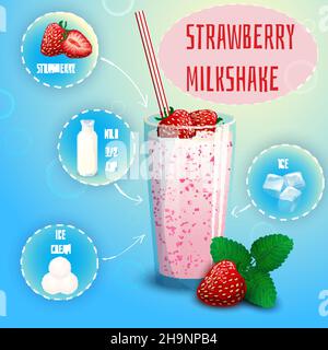 Delicious strawberry milkshake smoothie recipe graphic presentation with infographic elements decorative poster print abstract vector illustration Stock Vector