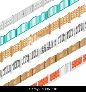Colorful fences with gate isometric elements set in brick concrete wooden picket performance isolated vector illustration Stock Vector