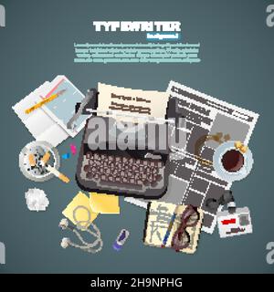 Flat background with journalist typewriter and different tools and objects for work and break vector illustration Stock Vector