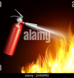 Realistic fire extinguisher with flame on dark background vector illustration Stock Vector