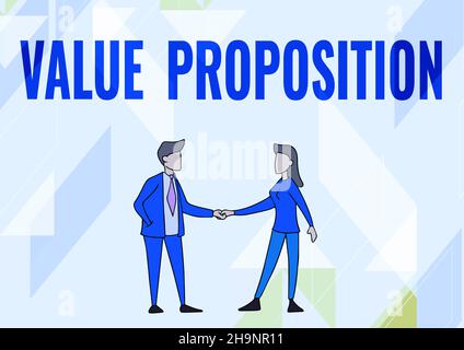 Conceptual caption Value Proposition. Business overview innovation service intended make product attractive Man And Woman Standing Facing Towards Each Stock Photo