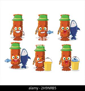 A fisherman orange long candy package cartoon picture catch a big fish. Vector illustration Stock Vector