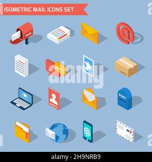 Isometric mail icons set with 3d mailbox email envelope isolated vector illustration Stock Vector
