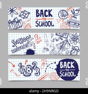 Back to school horizontal banners with hand drawn education symbols on squared paper background isolated vector illustration Stock Vector