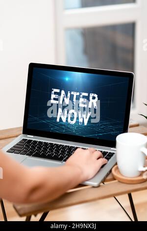 Text caption presenting Enter Now. Word Written on come or go into a particular place To be included in a competition Hand Resting On Laptop Top Of Stock Photo