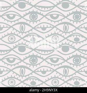 hand-drawn different eyes seamless pattern light dusty palette, endless background with eye symbol of magic esoteric divination. Stock Vector