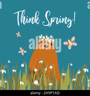 Happy Groundhog Day greeting card. Happy Groundhog Day Typographic Vector Design with Cute Groundhog Character - Think Spring. Stock Vector