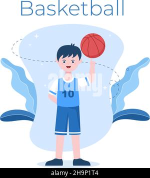 Happy Young Man Playing Basketball Flat Design Illustration Wearing Basket Uniform in Outdoor Court for Background, Poster or Banner Stock Vector