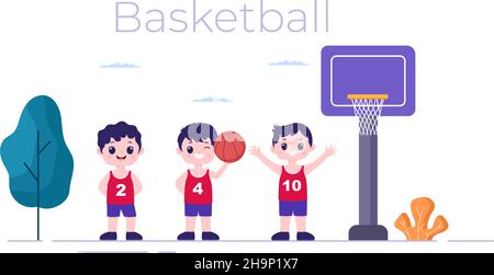 Happy Kids Cartoon Playing Basketball Flat Design Illustration Wearing Basket Uniform in Outdoor Court for Background, Poster or Banner Stock Vector