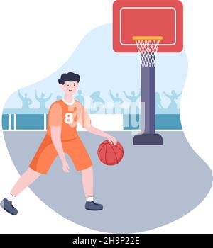 Happy Young Man Playing Basketball Flat Design Illustration Wearing Basket Uniform in Outdoor Court for Background, Poster or Banner Stock Vector