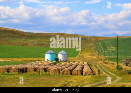 Nestled between the Rocky Mountains and the Canadian prairie, in the high ranching country of Alberta, is the historic Cowboy Trail. This scenic route Stock Photo