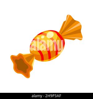 Candy isometric wrapped colorful yellow confectionery caramel lollipop. Vector illustration cartoon style Stock Vector