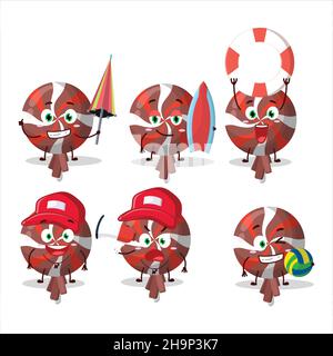 Happy Face red twirl lolipop wrapped cartoon character playing on a beach. Vector illustration Stock Vector