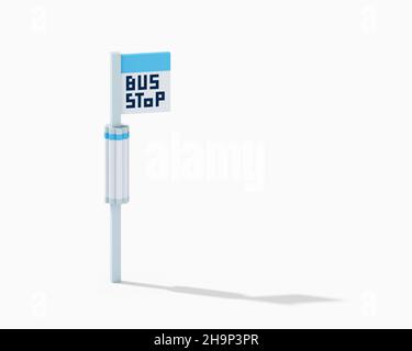 Bus stop, a digital art of blue bus station parking sign in Taipei, Taiwan isometric voxel raster 3D illustration render on white background. Stock Photo