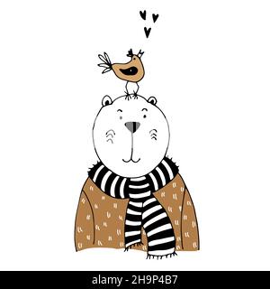 Allegory of friendship, a bear in scarf with a bird sitting on his head, best friends, a hand-drawn illustration Stock Vector