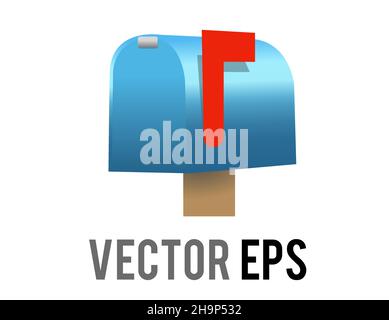 The isolated vector blue close mailbox, letterbox, postbox icon with red raised flag depicted in blue and white envelope Stock Vector