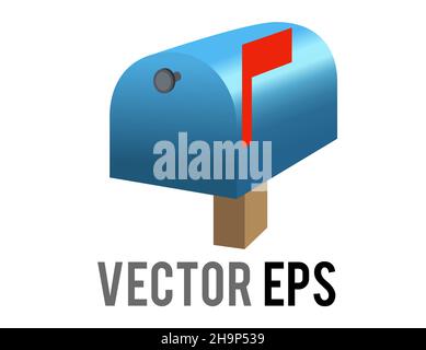 The isolated vector blue close mailbox, letterbox, postbox icon with red raised flag depicted in blue and white envelope Stock Vector