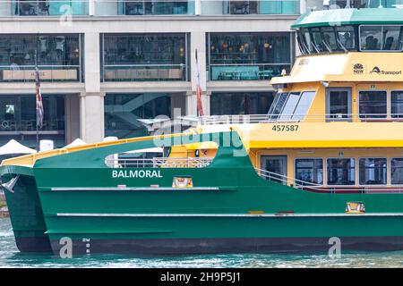 Sydney ferry the MV Balmoral introduced into service late 2021 for the F1 Manly to Circular quay ferry route, leaving circular quay, emerald class Stock Photo