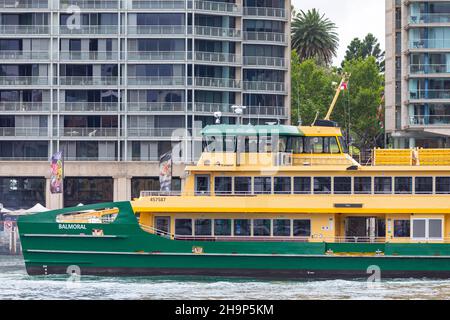 Sydney ferry the MV Balmoral introduced into service late 2021 for the F1 Manly to Circular quay ferry route, leaving circular quay, emerald class Stock Photo