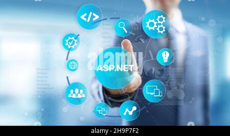 ASP.NET Development programming language concept on virtual screen. Stock Photo