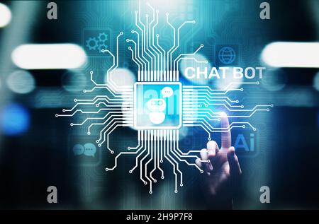 Chatbot computer program designed for conversation with human users over the Internet. Support and customer service automation technology concept. Stock Photo