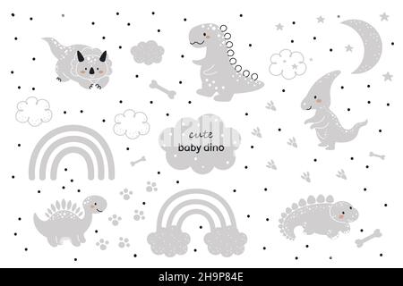 Set of cute grey baby dinosaurs in scandinavian style. Funny cartoon dinos collection for kids cards, baby shower, t-shirt, birthday invitation, house Stock Vector