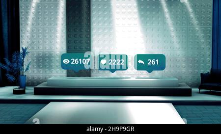 Social media blue icons with increasing number of views, likes, reposts on abstract background. Motion. Abstract hall with pedestal and soffits, conce Stock Photo