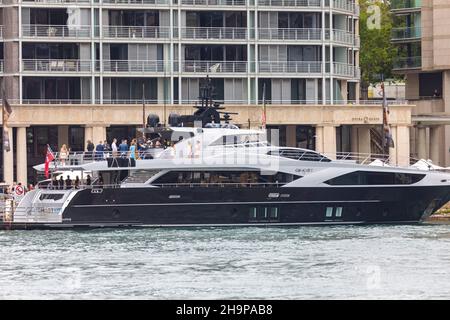 Ghost 2 luxury charter boat yacht , 122 feet long, guests onboard whilst moored in Circular Quay,Sydney harbour,NSW,Australia Stock Photo