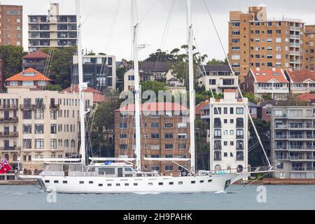 Southern Cloud yacht, a three masted Bermuda rigged schooner on Sydney Harbour under power,Sydney harbour,NSW,Australia Stock Photo