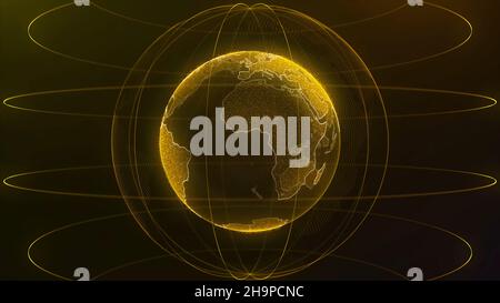 Abstract futuristic rotating world globe in particles or small dots. Modern technology background for broadcast. Virtual digital planet Earth on black Stock Photo
