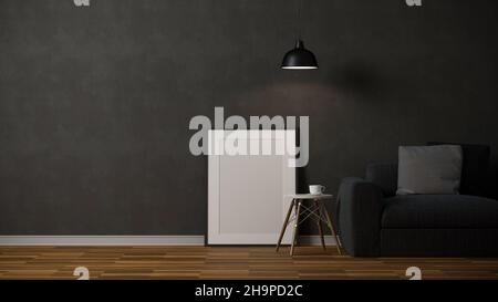 Modern loft living room interior with dark couch, side table, copy space and blank poster frame mockup on parquet floor. 3d rendering, 3d illustration Stock Photo