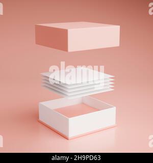 A pink pastel box with a name cards or business cards on pink background. 3d rendering, 3d illustration Stock Photo