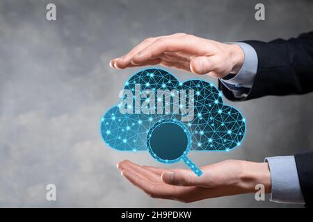 Cloud technology. Polygonal wireframe cloud storage sign with search magnifier icon on dark blue. Cloud computing, big data center, future infrastruct Stock Photo