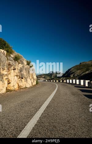 Winding mountain road between Pego village and Vall d'Ebo, Marina Alta, Costa Blanca, Alicante Province, Spain Stock Photo