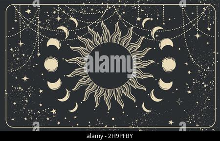 Mystical banner with a lunar eclipse on a black background. Sun with rays and phases of the moon, boho background for astrology, tarot. Heavenly vecto Stock Vector