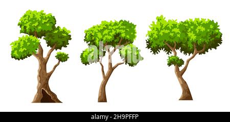 Set of trees with green foliage in cartoon style. Vector in flat illustration Stock Vector