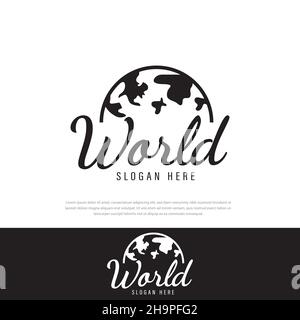 Simple black world map semicircle logo from thin line.travel around the world,globalization.trend flat style modern logo design vector illustration Stock Vector