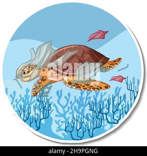 Turtle stuck with plastic trash cartoon sticker illustration Stock Vector